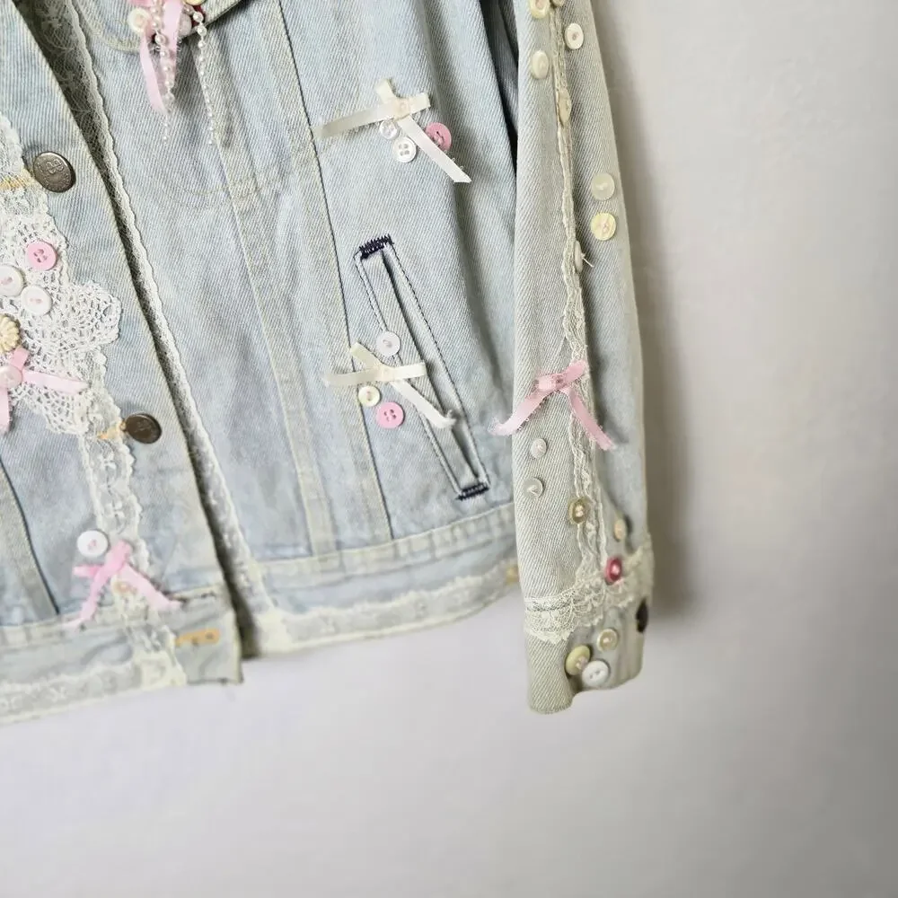 Coquette Fairycore Denim Jacket Size 14  Lace Pink Bows Embellished Button Up